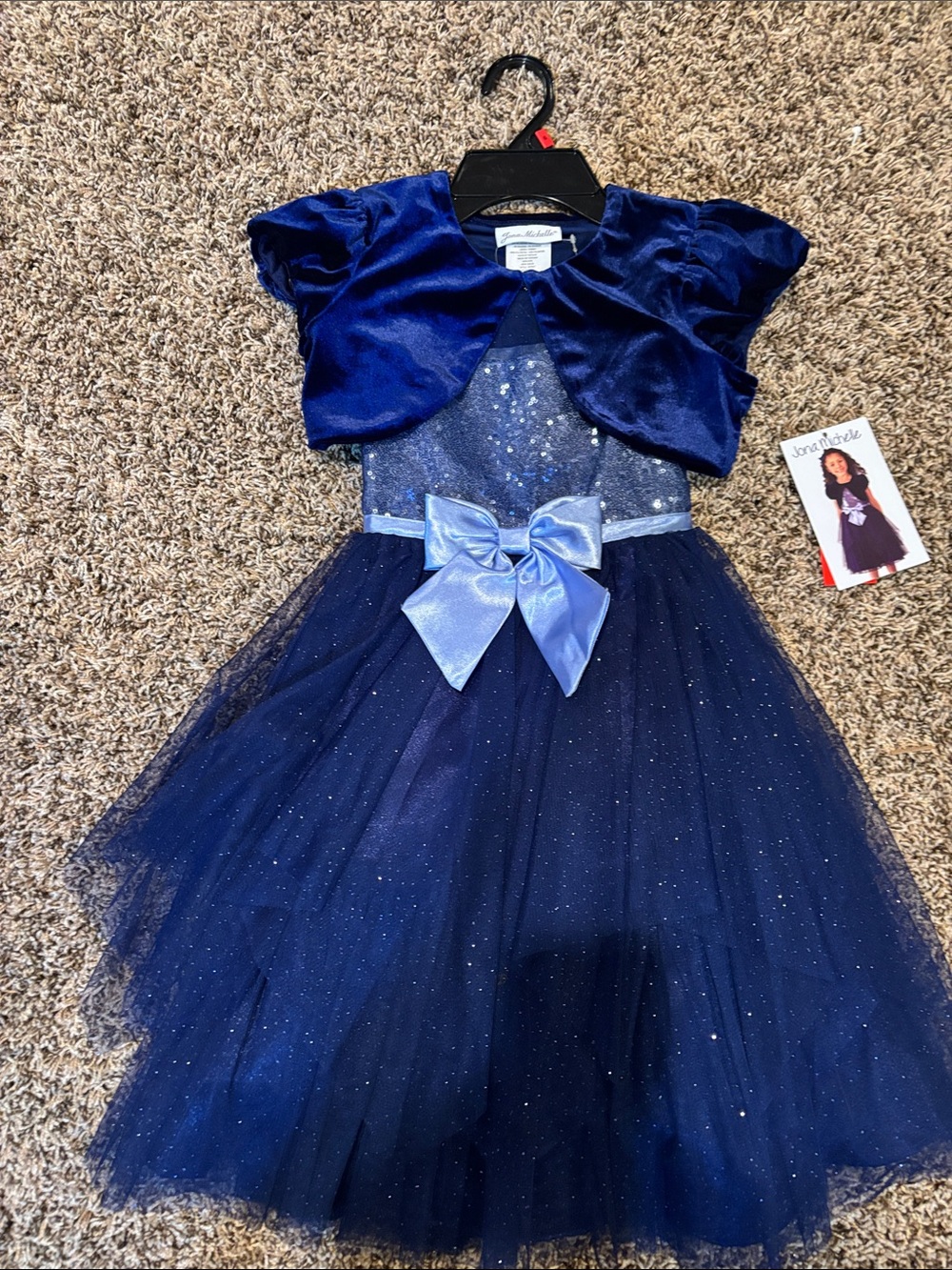 Jona Michelle Navy Sparkle Tulle Dress with Light Blue Satin Bow Size 6 Set